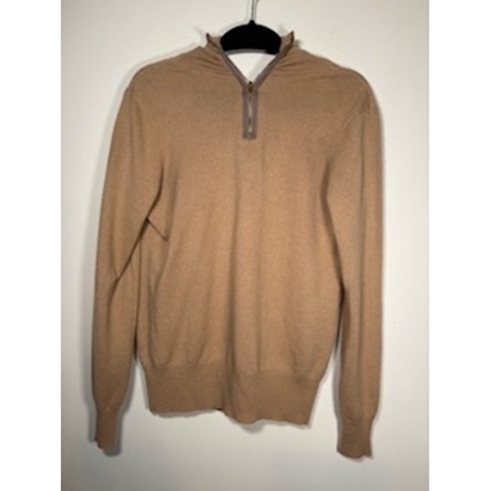 TORY BURCH Cashmere Quarter Zip Sweater S Tan‎ Gold Logo Pull Luxury Knit